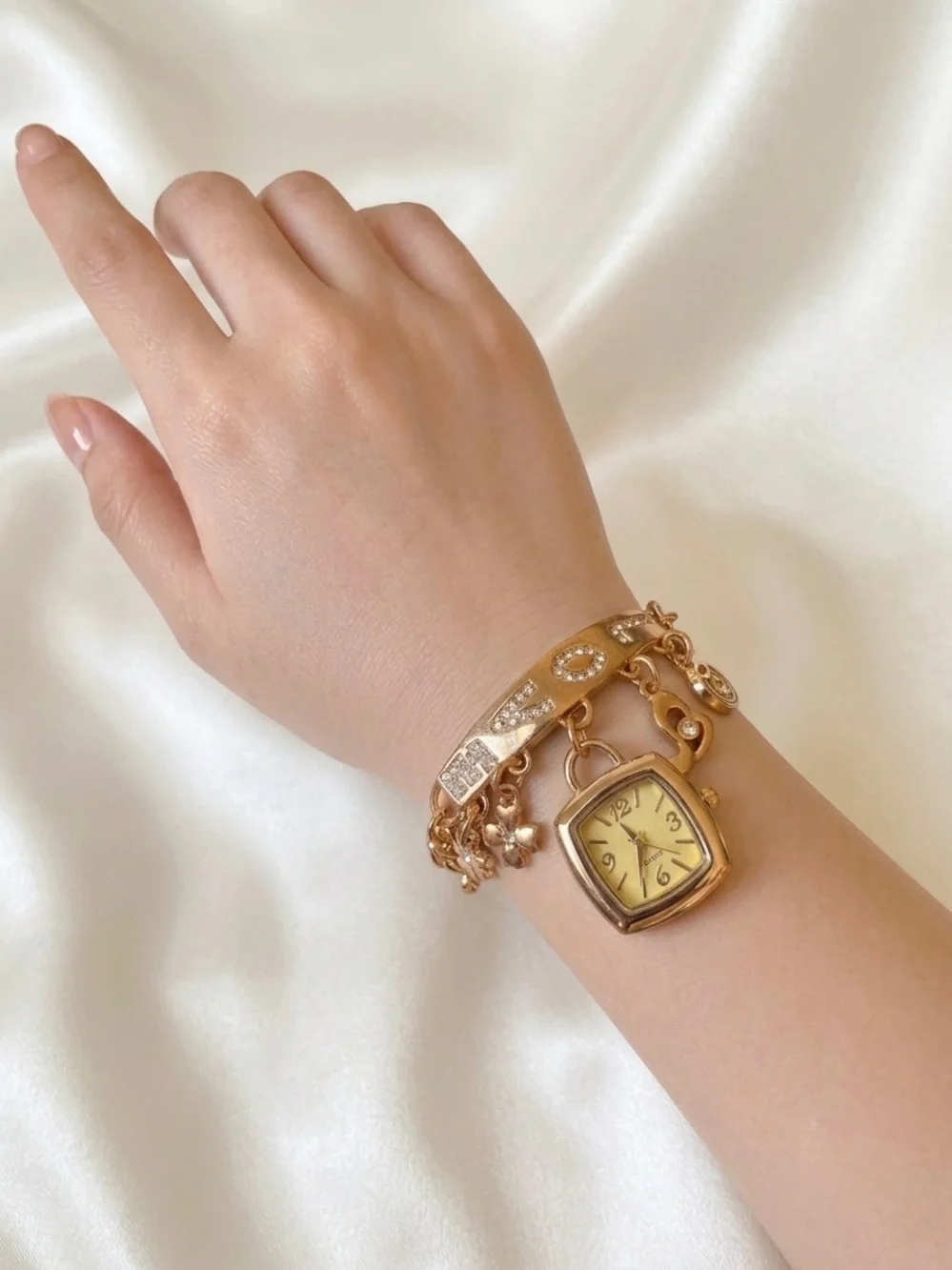 Gold-Tone Charm Bracelet Watch with Crystal Accents